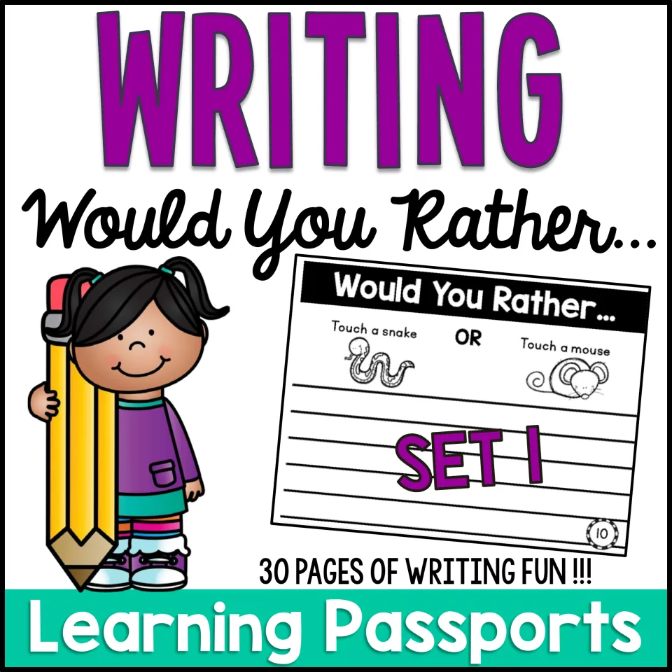 Cover of Would You Rather Set 1 Learning Passports: a sample snake-or-mouse writing prompt and 30 pages of writing
