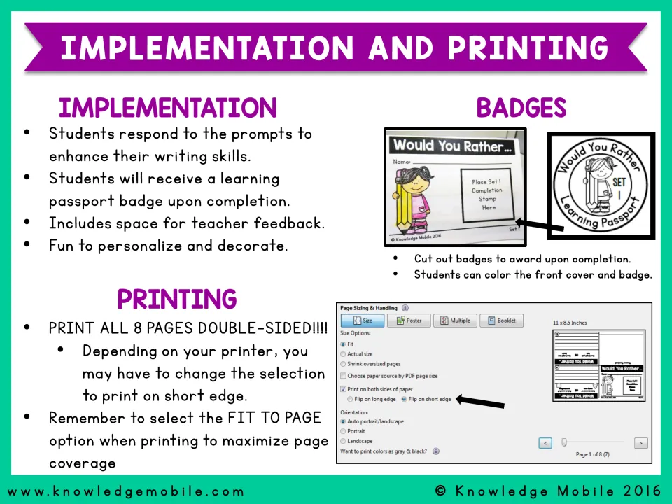 Implementation and printing notes: students answer prompts, earn a passport badge; print 8 pages double-sided, fit to page
