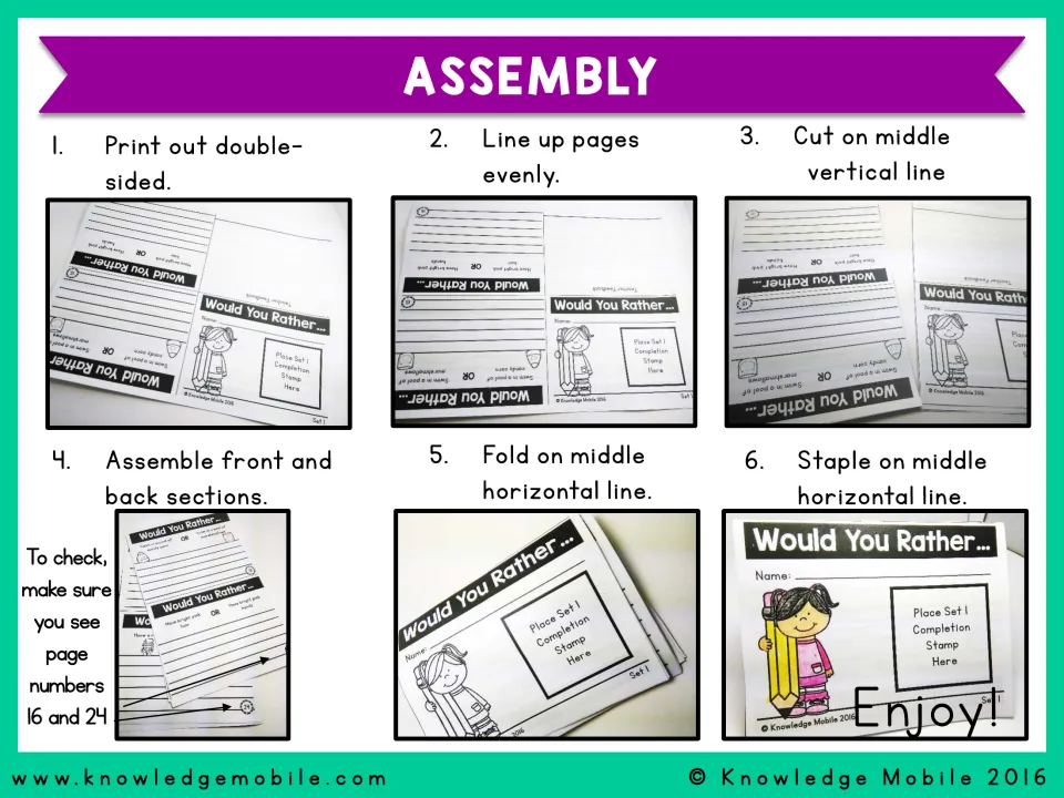 Assembly steps in six photos: print double-sided, line up pages, cut, stack front and back, fold and staple the booklet