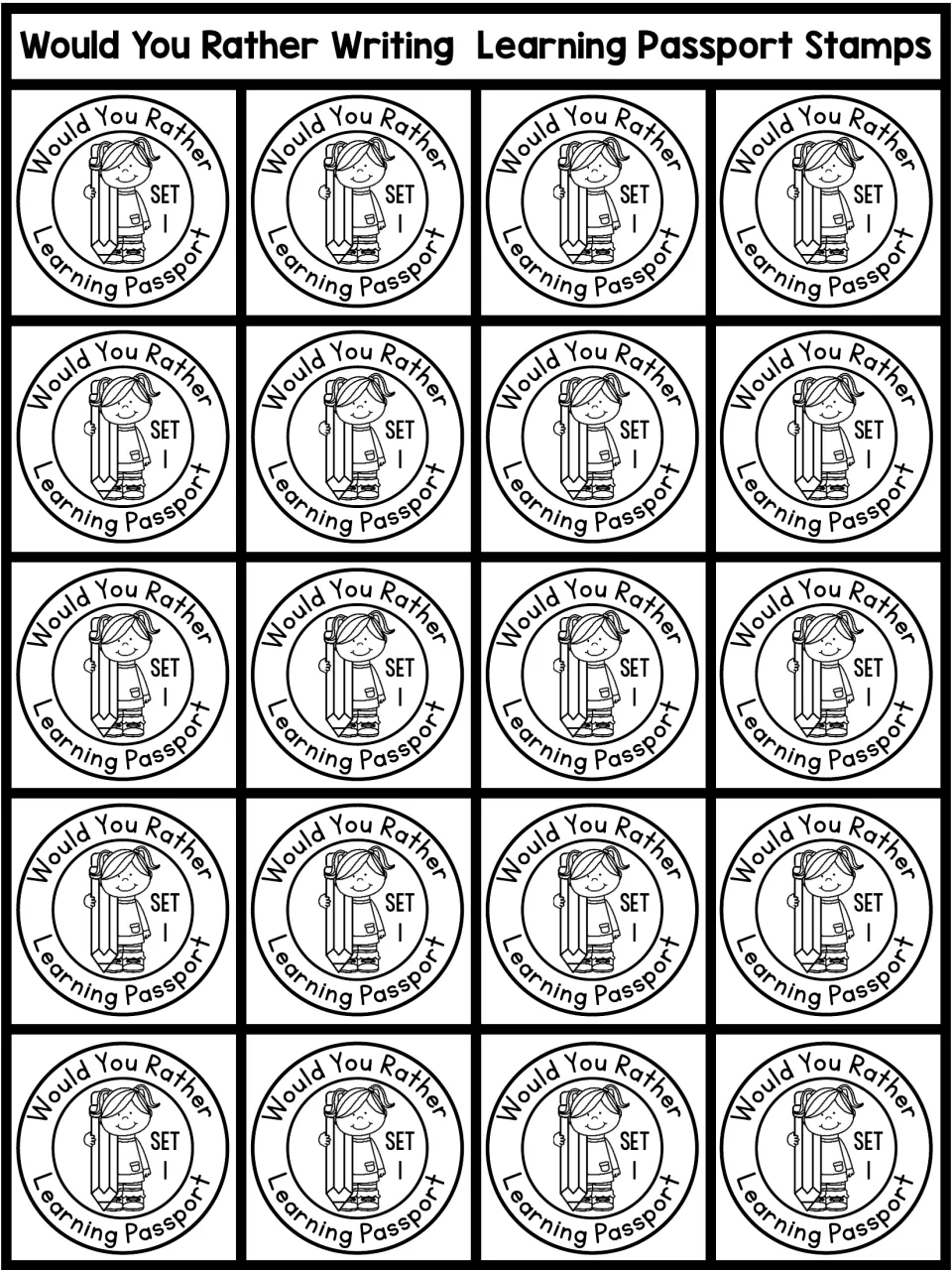 Learning passport stamps: 20 round Set 1 badges showing a girl with a pencil, to cut out and award when a booklet is done