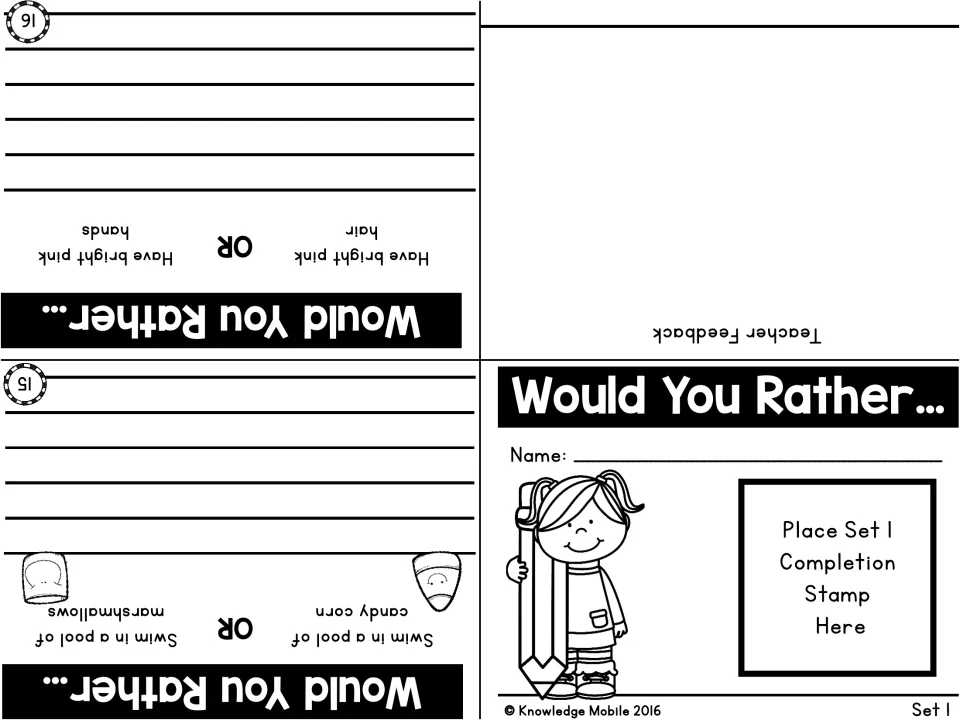 Booklet front cover with name line and stamp box, teacher feedback panel and prompts on pink hair or hands, candy corn pool