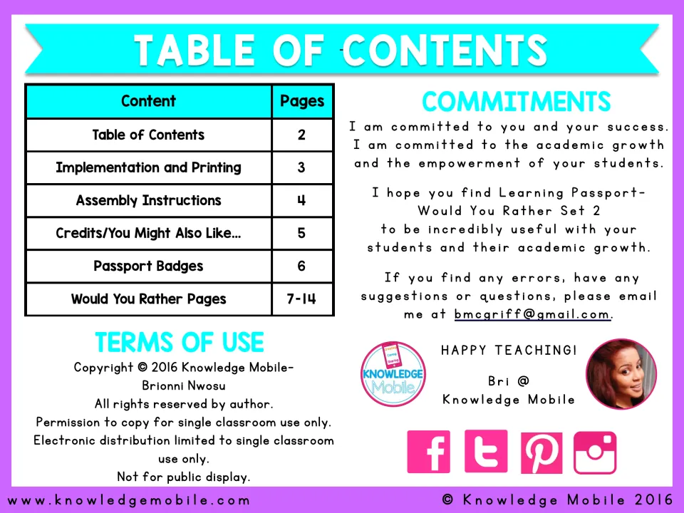 Table of contents listing instructions, badges and prompt pages 7-14, with terms of use for single classroom copying