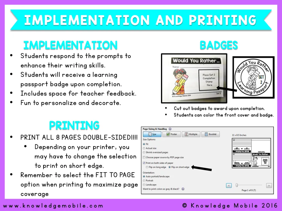 Implementation and printing notes: students answer prompts and earn a badge; print all 8 pages double-sided on short edge