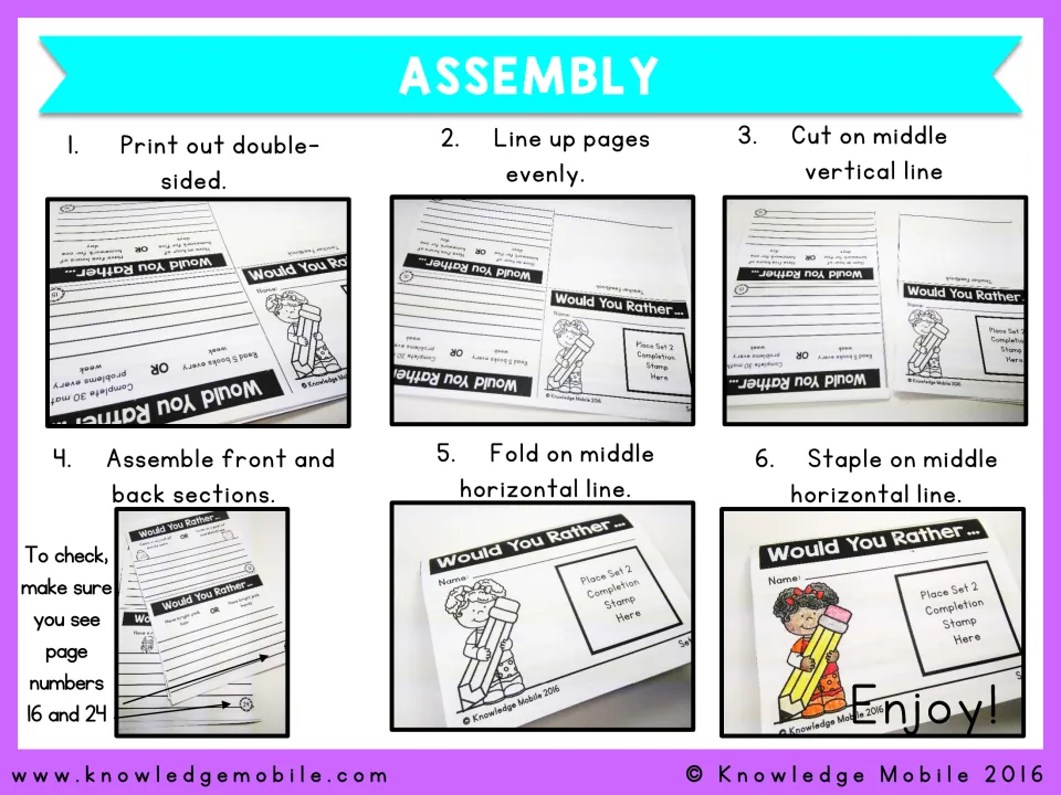 Assembly steps in six photos: print double-sided, line up pages, cut, assemble, fold and staple on the middle line
