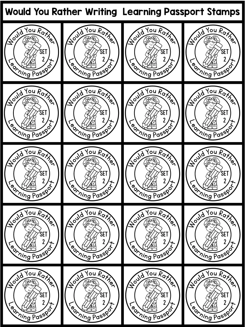 Learning passport stamps: 20 identical round Set 2 badges showing a child with a pencil, to cut out and award students