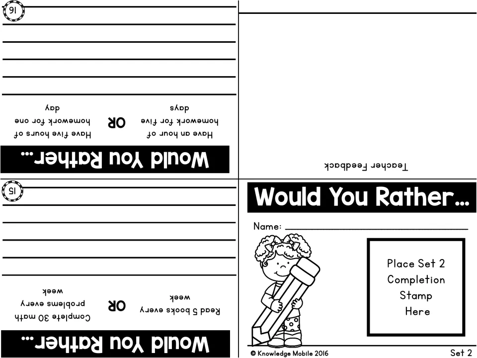 Booklet cover with name line and Set 2 stamp spot, teacher feedback area, and prompts on homework hours and math vs. books