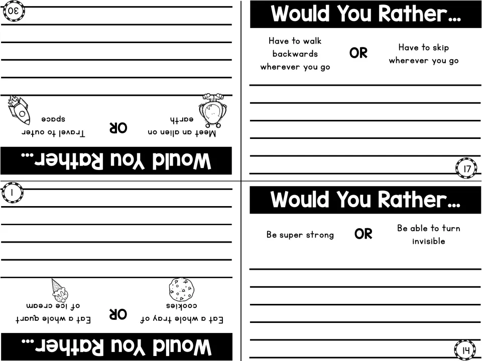 Opinion writing: pick alien or outer space, cookies or ice cream, walk backwards or skip, super strong or invisible