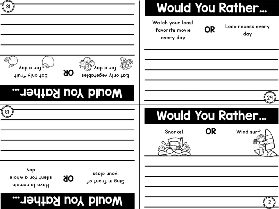 Opinion prompts: fruit or veggies only, sing to class or stay silent, worst movie daily or no recess, snorkel or wind surf