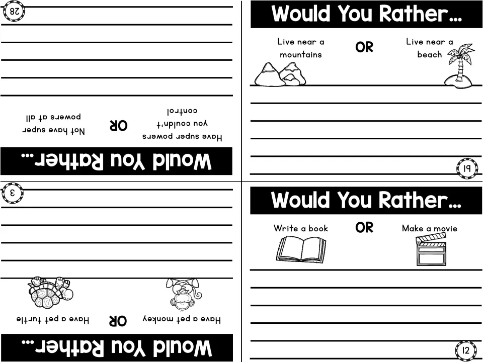 Writing prompts on super powers, pet monkey or turtle, mountains or beach home, writing a book or making a movie
