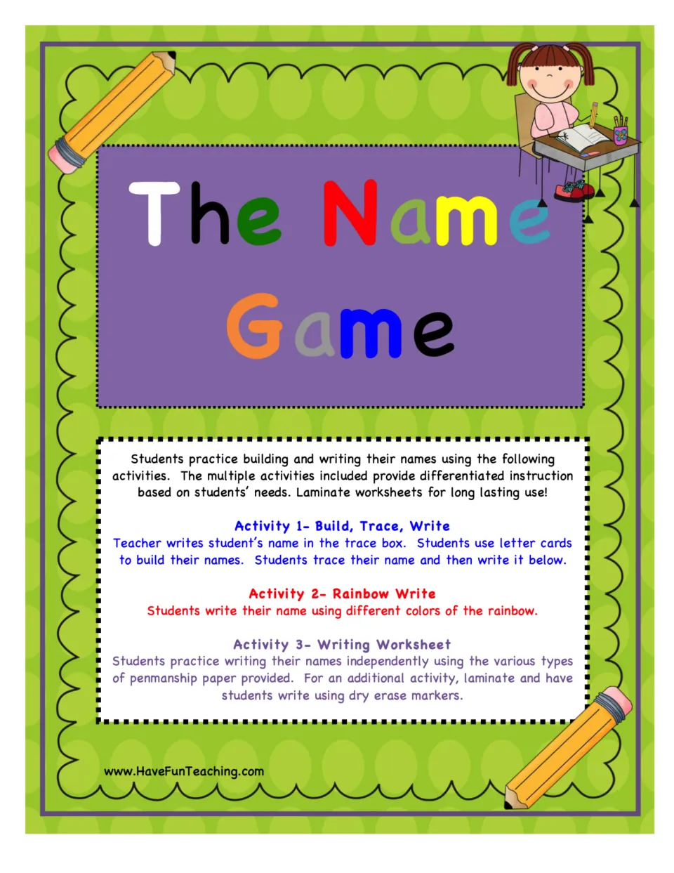 The Name Game cover listing its three activities: Build, Trace, Write; Rainbow Write; and a name Writing Worksheet