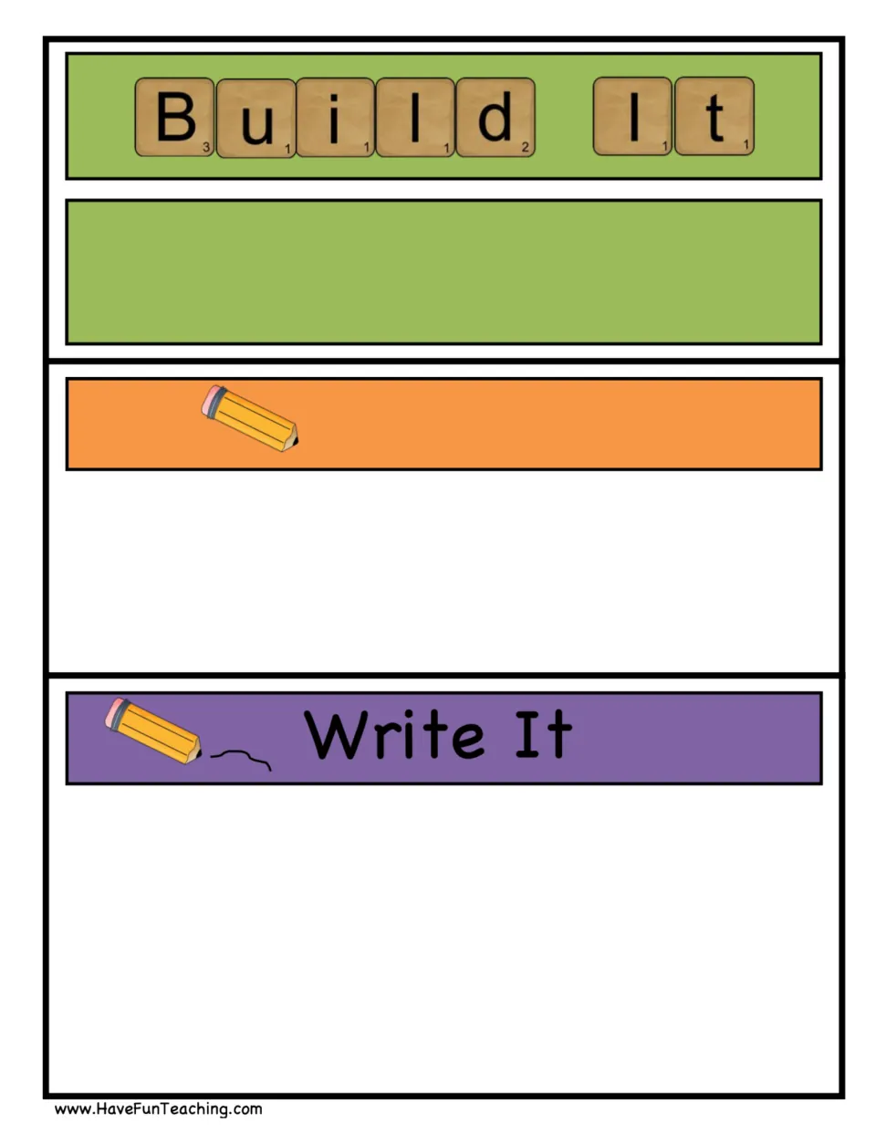 Build It and Write It mat: students spell their name with letter cards, trace the teacher's model, then write it alone