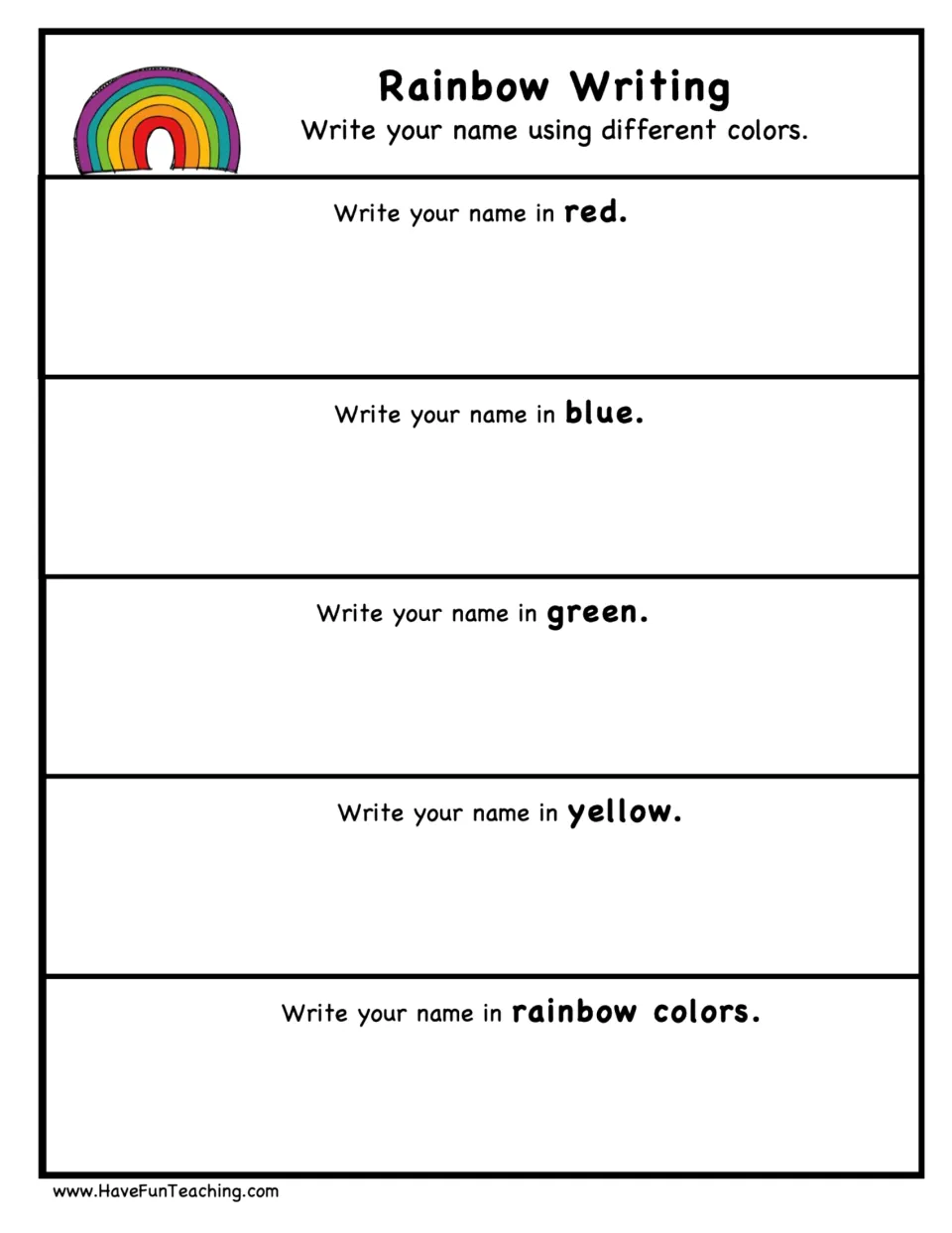 Black-and-white Rainbow Writing sheet: write your name in red, blue, green, yellow and finally in rainbow colors