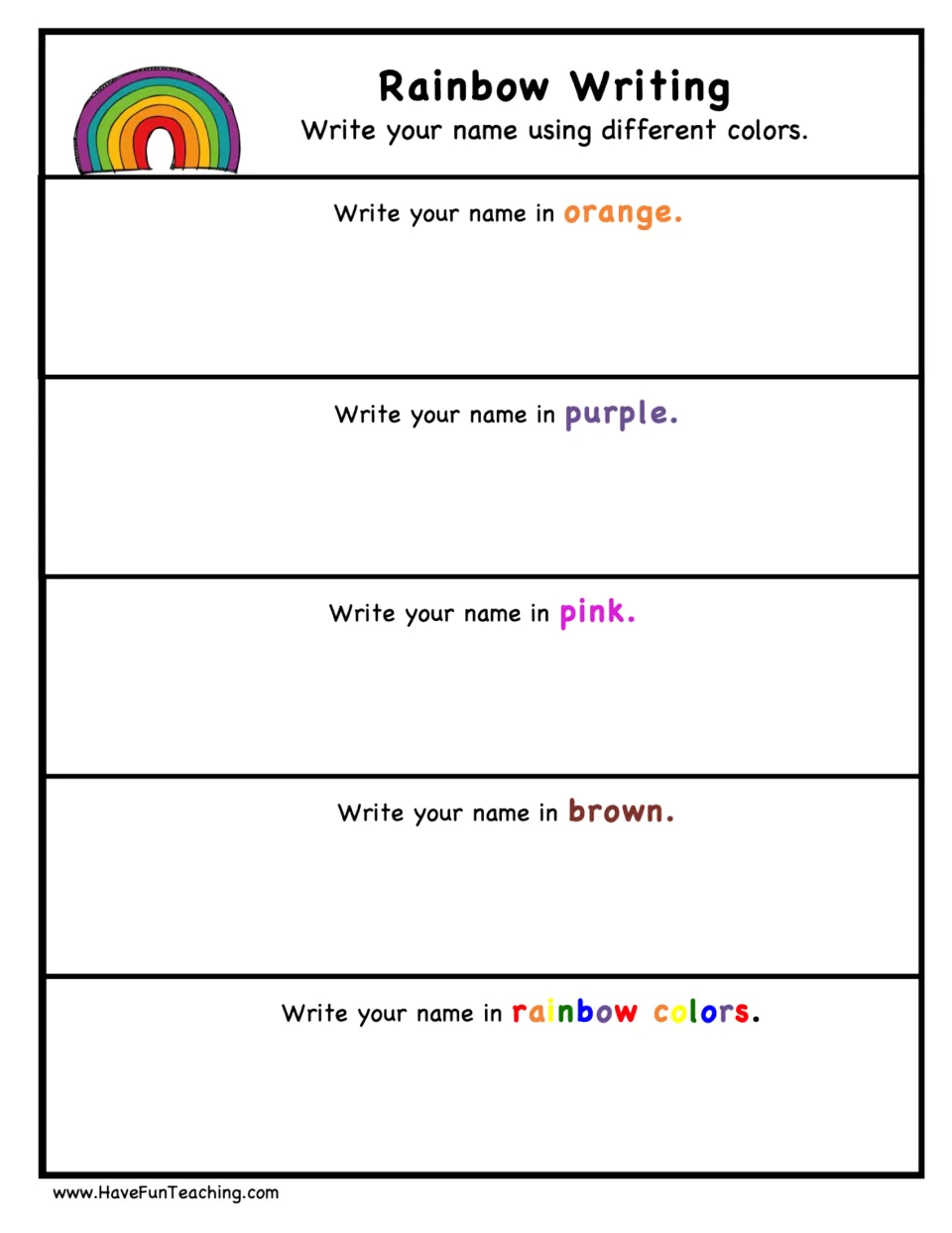 Rainbow Writing, second color set: students write their name in orange, purple, pink and brown, then in rainbow colors