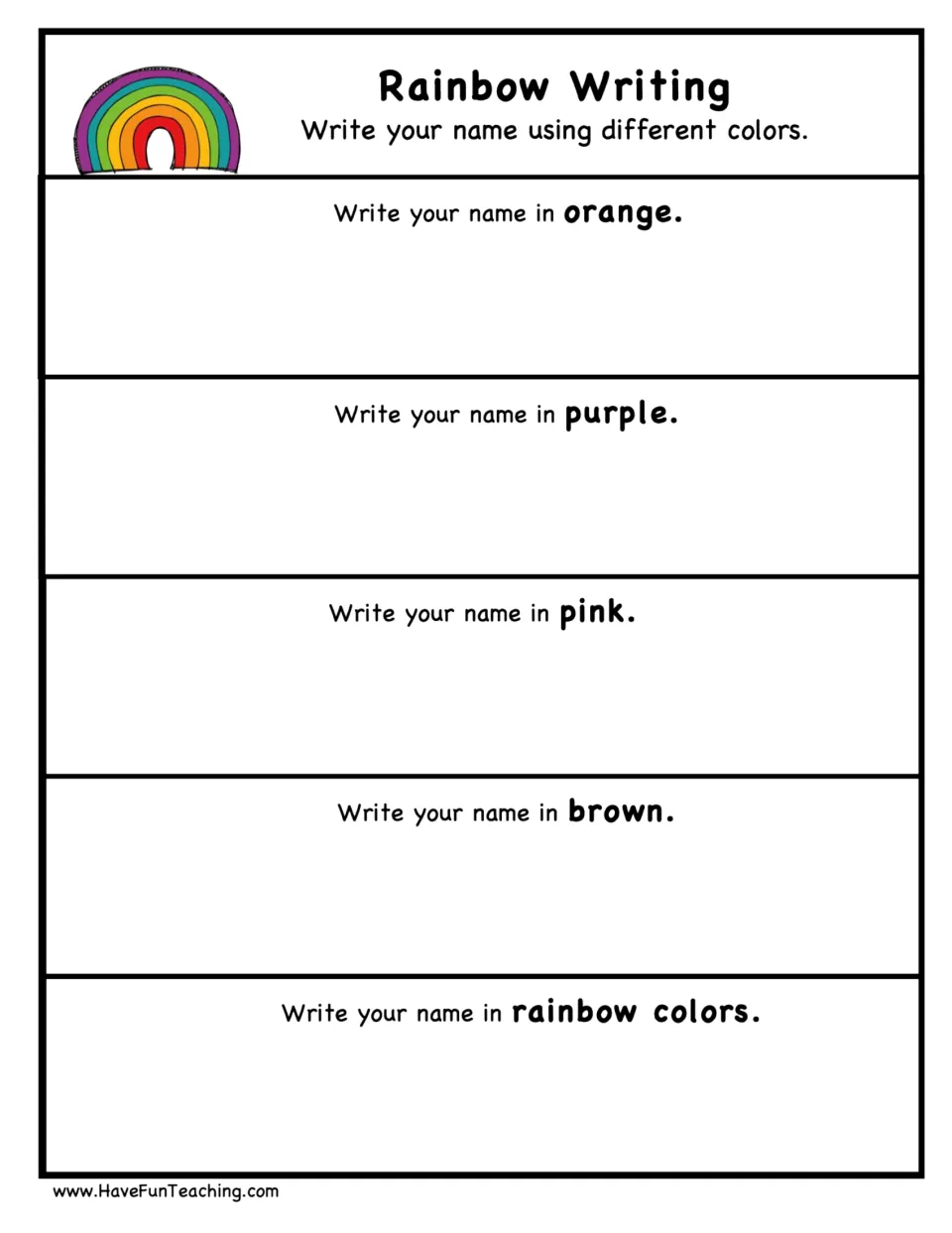 Black-ink Rainbow Writing page asking for the name in orange, purple, pink, brown and rainbow colors