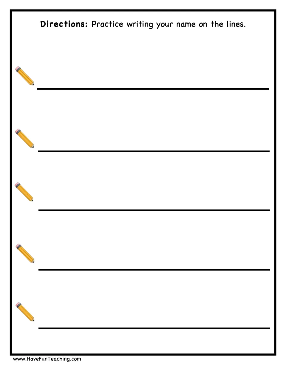 Name writing practice: directions ask students to write their name five times, each try marked by a pencil