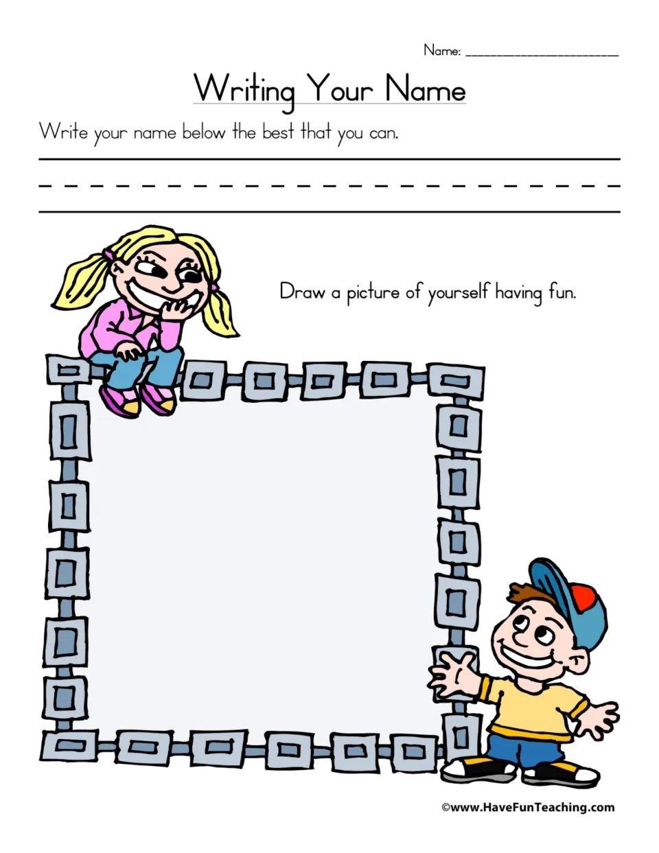 Name-writing practice sheet asking students to write their name and draw a picture of themselves having fun.
