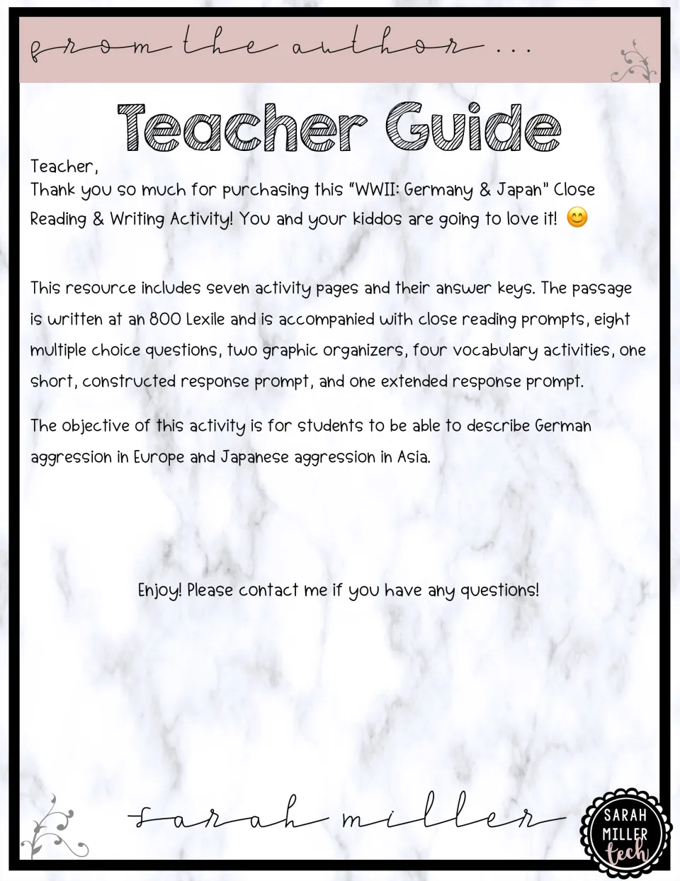 Teacher guide note listing the passage, 8 multiple choice items, organizers, vocabulary and writing prompts with keys