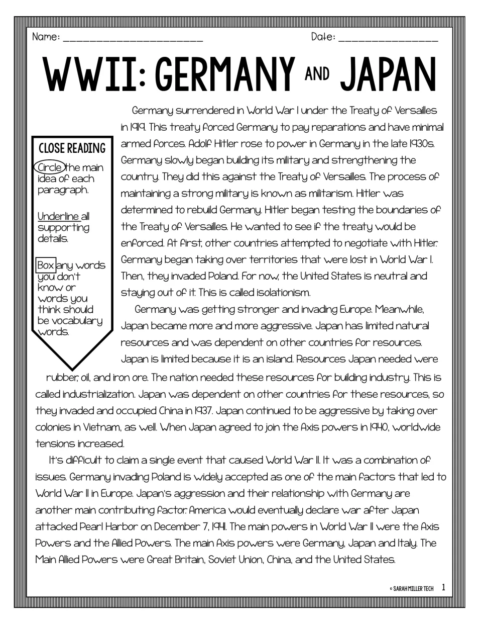 Passage on German and Japanese aggression before WWII; students circle main ideas, underline details and box new words