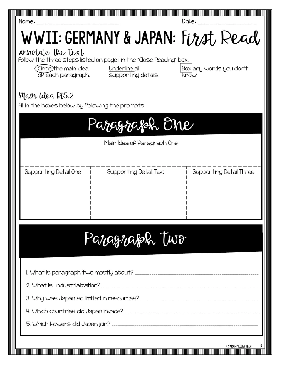 First read main idea practice: students find paragraph one's main idea and 3 details, then answer 5 questions on Japan