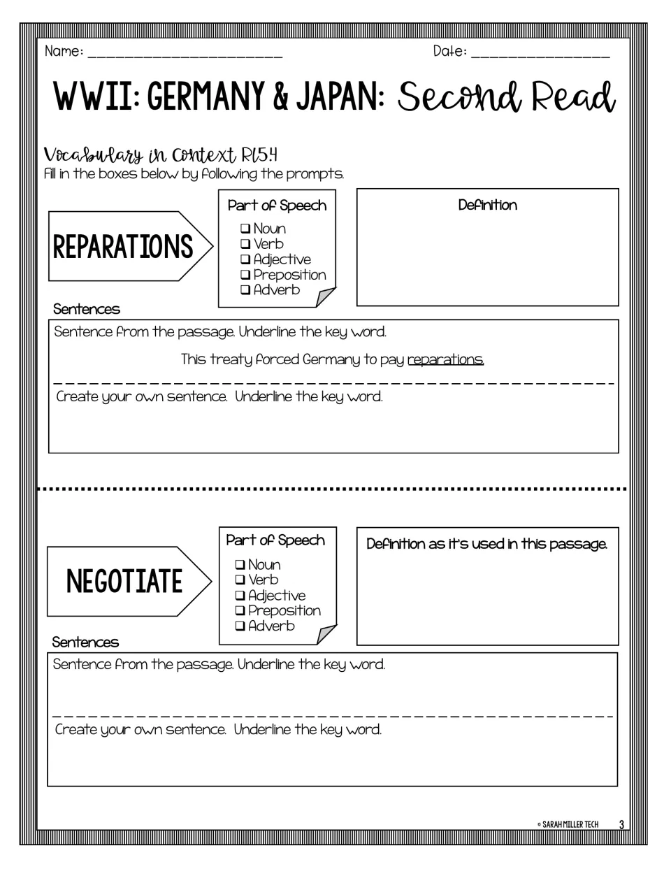 Vocabulary in context: students mark part of speech, define and write sentences for reparations and negotiate