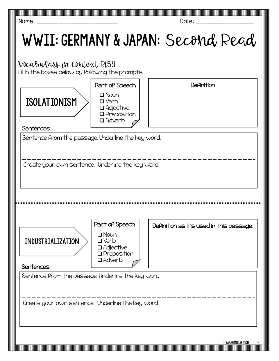 Vocabulary in context: students choose part of speech, define and use isolationism and industrialization in sentences