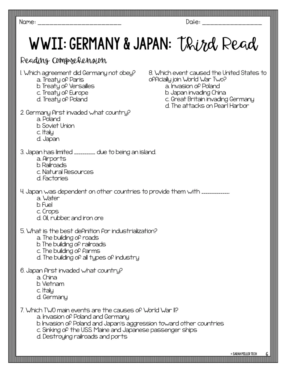 Reading comprehension quiz: 8 multiple choice questions on the Treaty of Versailles, invasions and Pearl Harbor