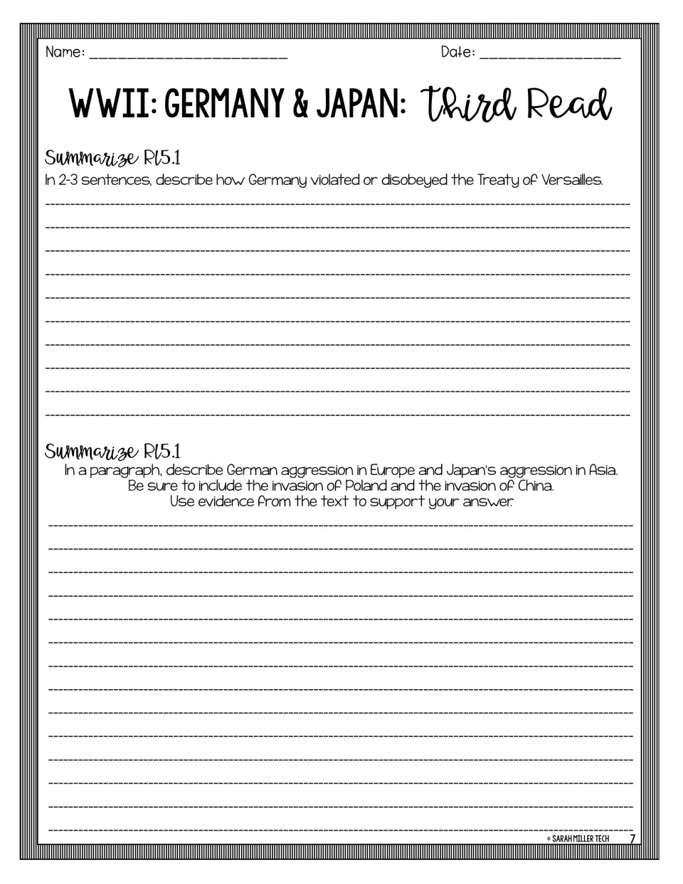 Summary writing: students explain how Germany broke the Treaty of Versailles and describe aggression in Europe and Asia