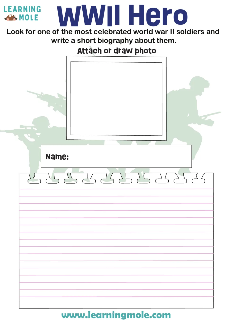 World War II soldier research: students pick a celebrated soldier, attach or draw a photo, and write a short biography