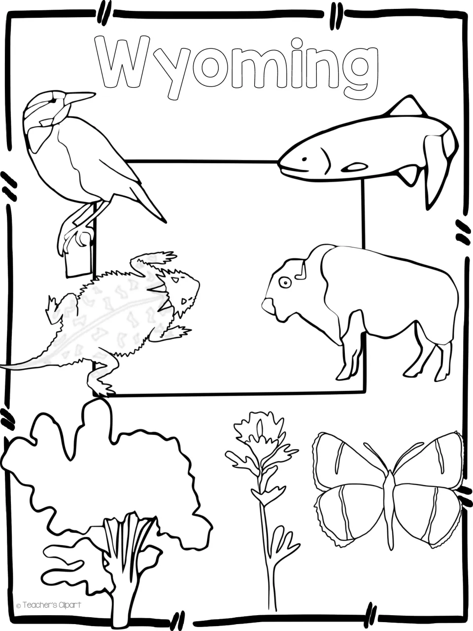 Wyoming symbols colouring page: outline drawings of a meadowlark, trout, horned toad, bison, tree, flower and butterfly