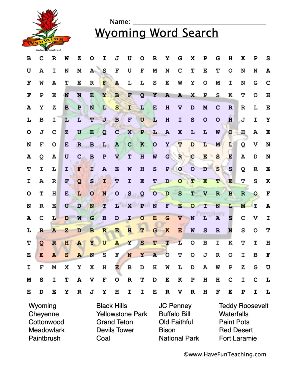 Wyoming vocabulary word search featuring Cheyenne, Yellowstone Park, Buffalo Bill, and 17 more terms.