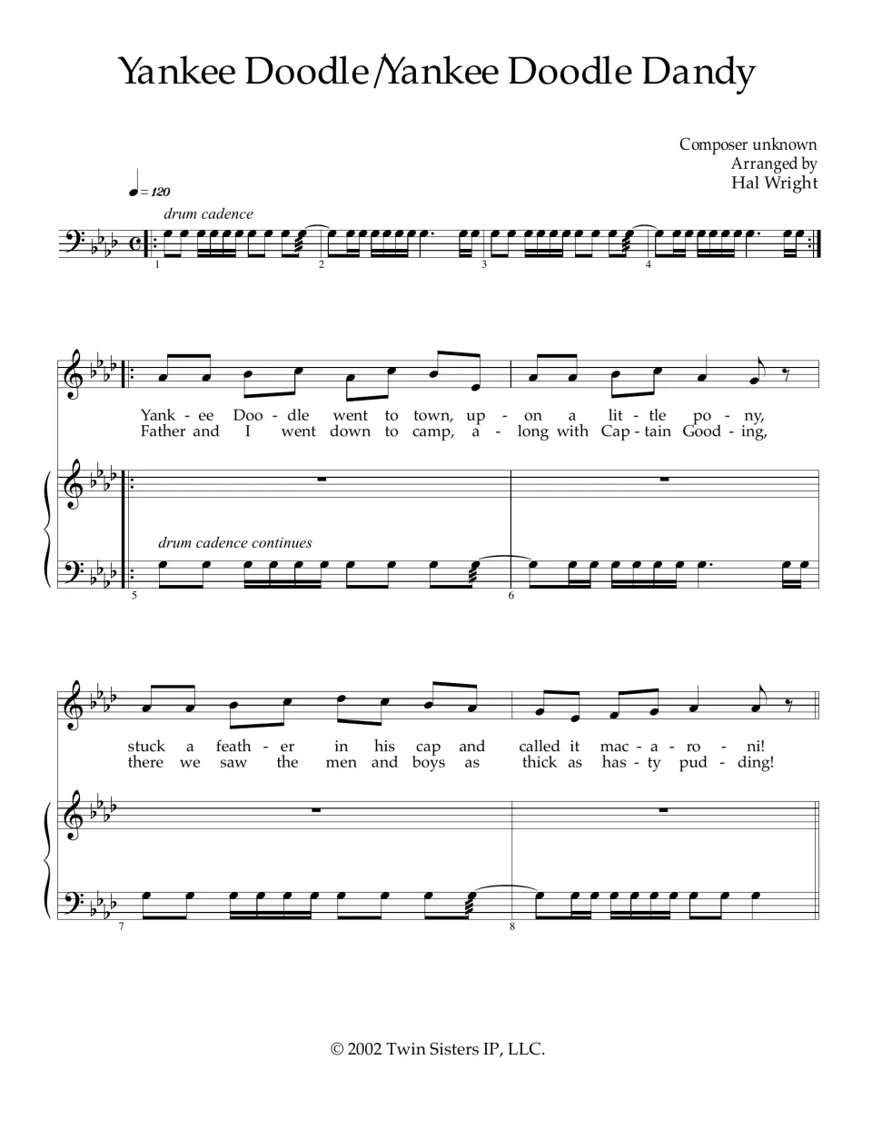 Opening sheet music: four-bar drum cadence at 120 bpm, then vocal melody with two verses, "went to town" and "down to camp"
