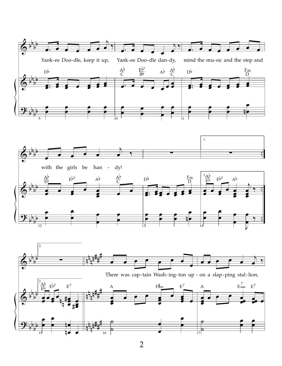 Chorus "Yankee Doodle, keep it up" in A-flat with piano chords, 1st and 2nd endings, then a key change to A major