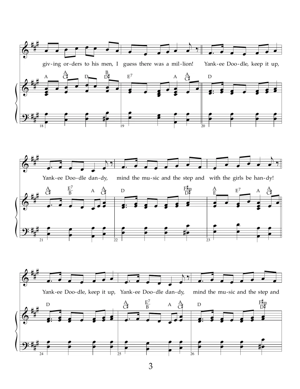 Captain Washington verse ends, then the "keep it up" chorus is sung twice in A major with D, A and E7 piano chords