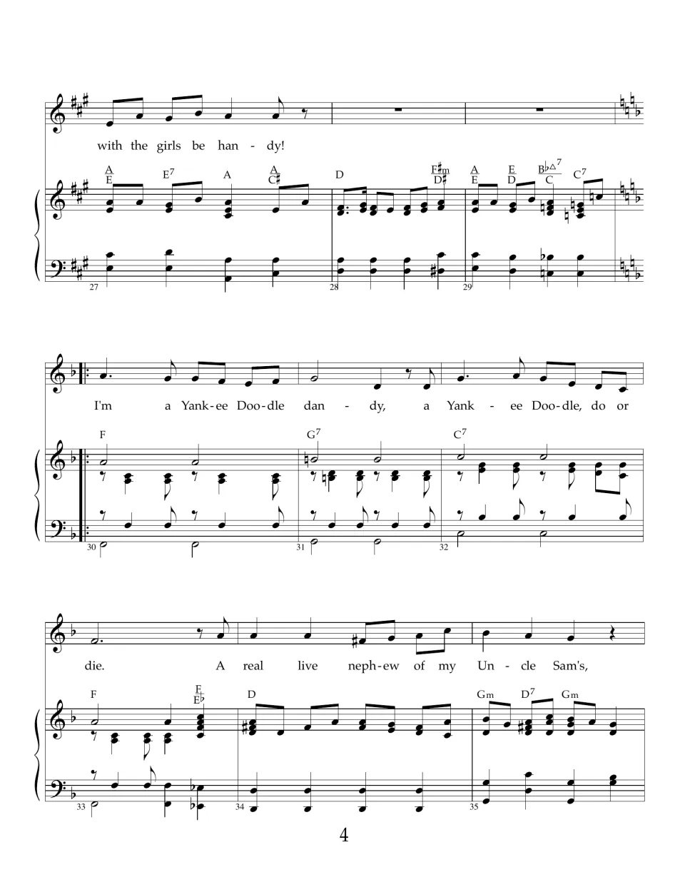 Transition to F major and the start of "I'm a Yankee Doodle Dandy" with lyrics "A real live nephew of my Uncle Sam's"