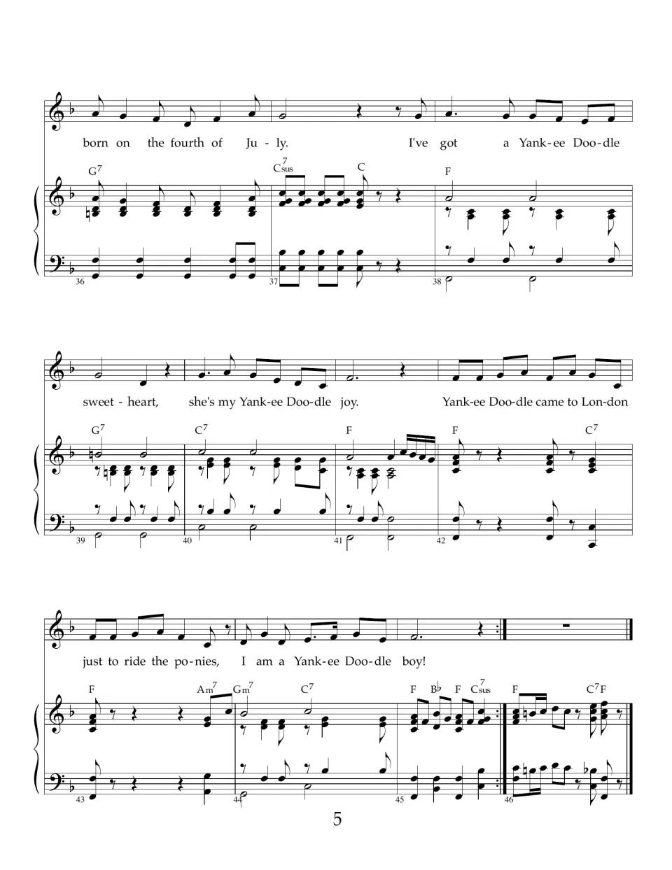 Final bars: "born on the fourth of July" through "I am a Yankee Doodle boy!" with F, C7 and G7 chords and a piano ending