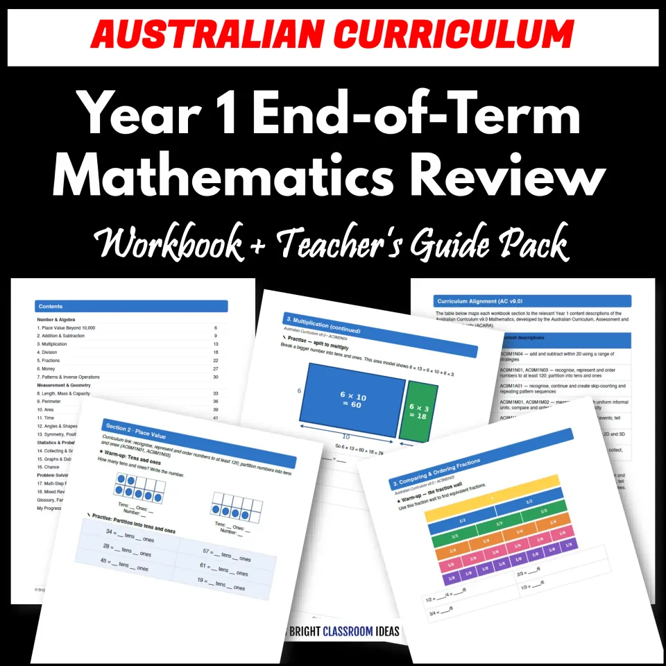 Cover: Year 1 End-of-Term Mathematics Review, Workbook + Teacher's Guide Pack, shown with fanned sample pages