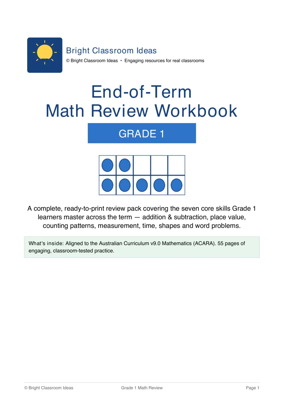Grade 1 Review Workbook title page naming skills reviewed, from addition and subtraction to time, shapes and word problems
