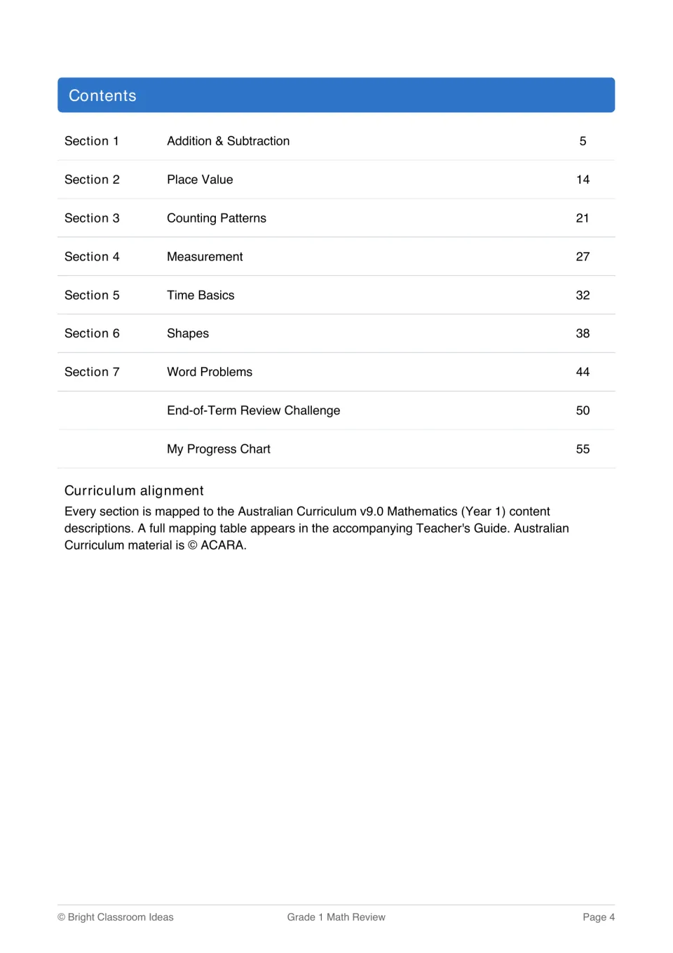 Contents listing seven sections from Addition & Subtraction to Word Problems, plus a review challenge and My Progress Chart