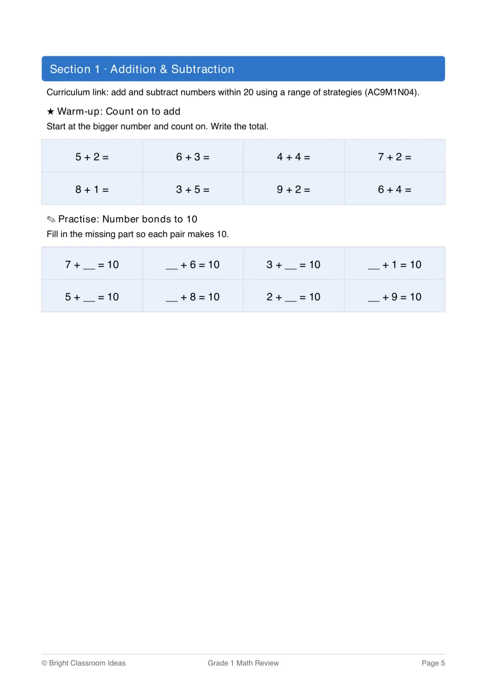 Addition warm-up: students count on from the bigger number for 8 sums, then fill in missing parts of 8 number bonds to 10