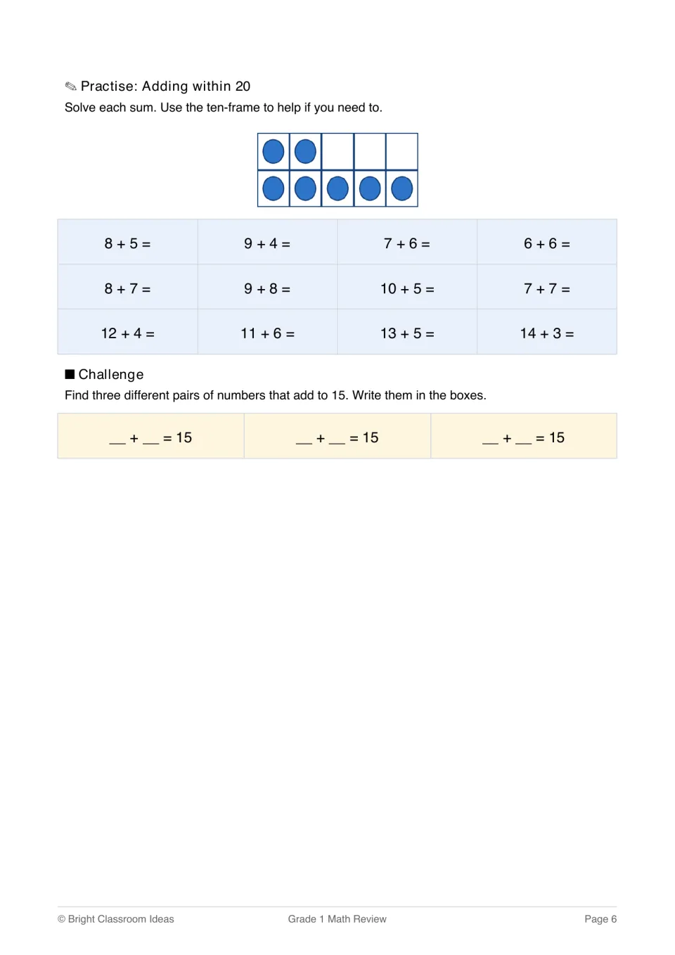 Adding within 20: students solve 12 sums with a ten-frame as support, then find three pairs of numbers that add to 15