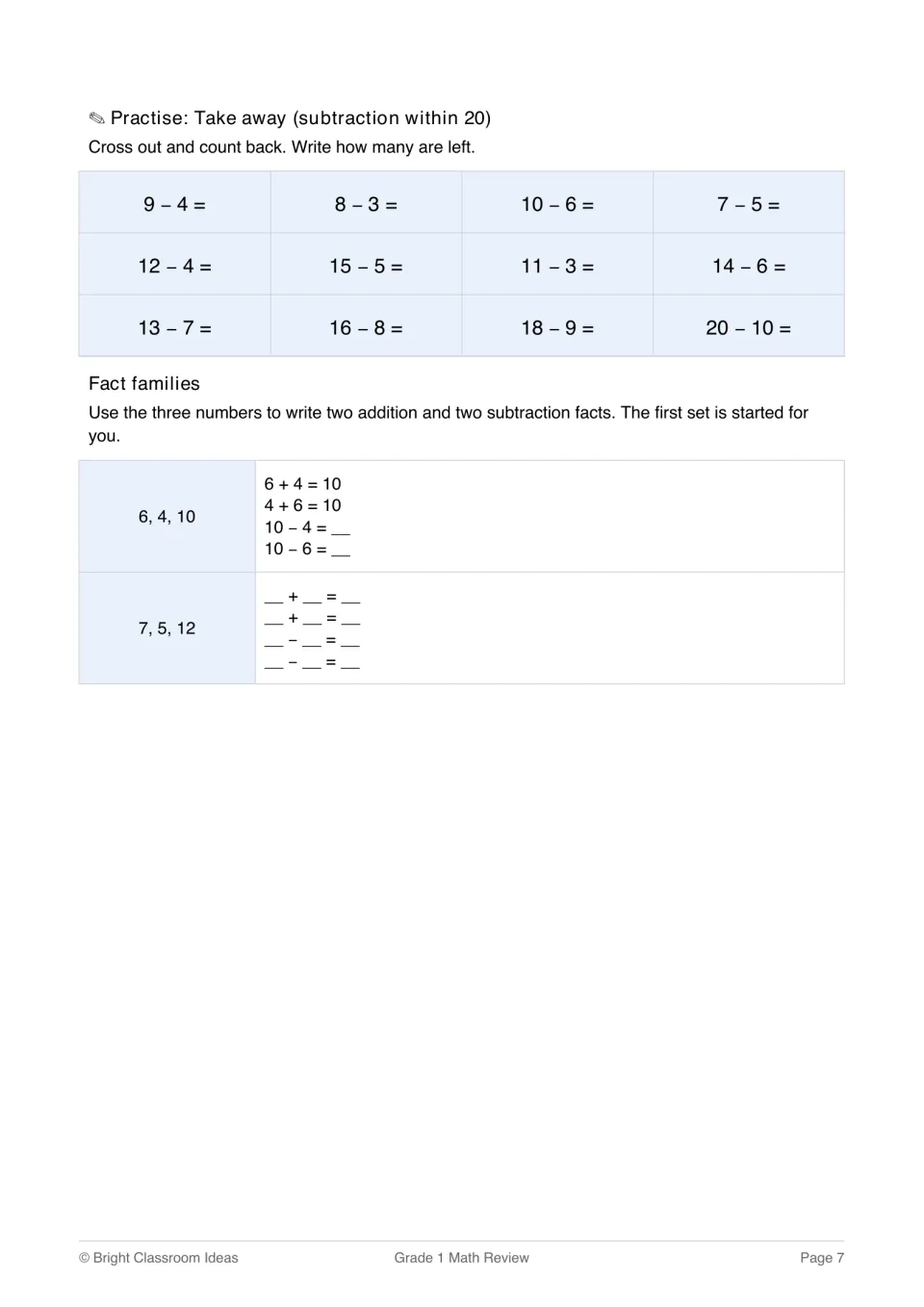 Subtraction within 20: students count back to solve 12 take-away facts, then write fact families for 6, 4, 10 and 7, 5, 12