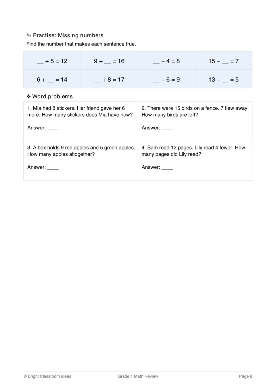 Missing numbers: students solve 8 number sentences, then 4 word problems about stickers, birds, apples and pages read