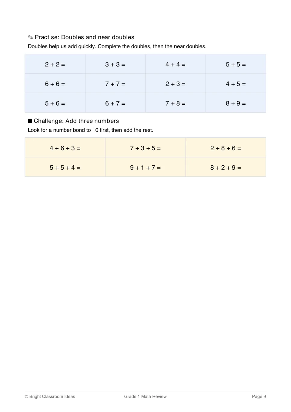 Doubles and near doubles: students complete 12 sums like 6 + 6 and 7 + 8, then add three numbers using a bond to 10 first