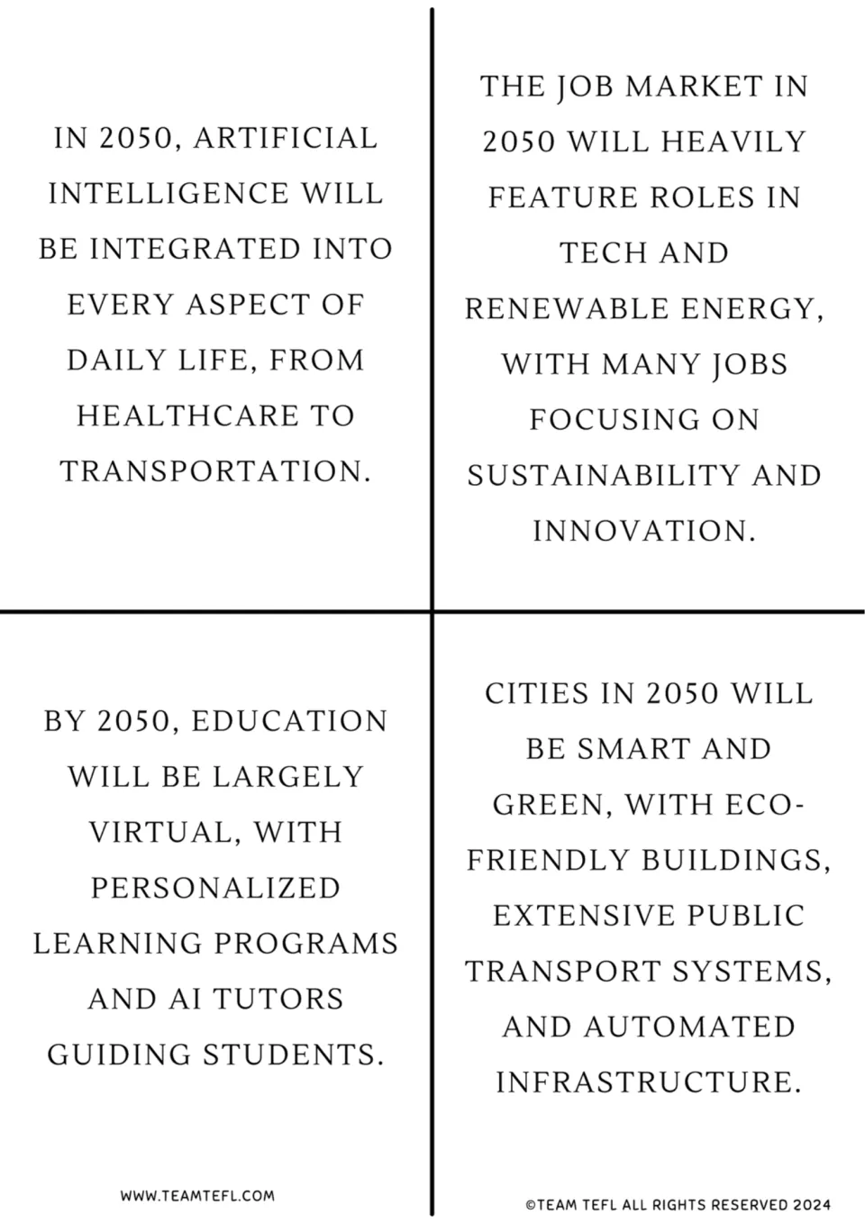 2050 prediction cards 1–4 cover AI in daily life, technology jobs, virtual education, and smart cities.