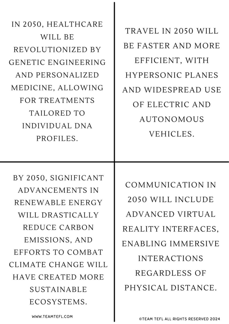 2050 prediction cards 5–8 cover personalized medicine, faster travel, renewable energy, and VR communication.