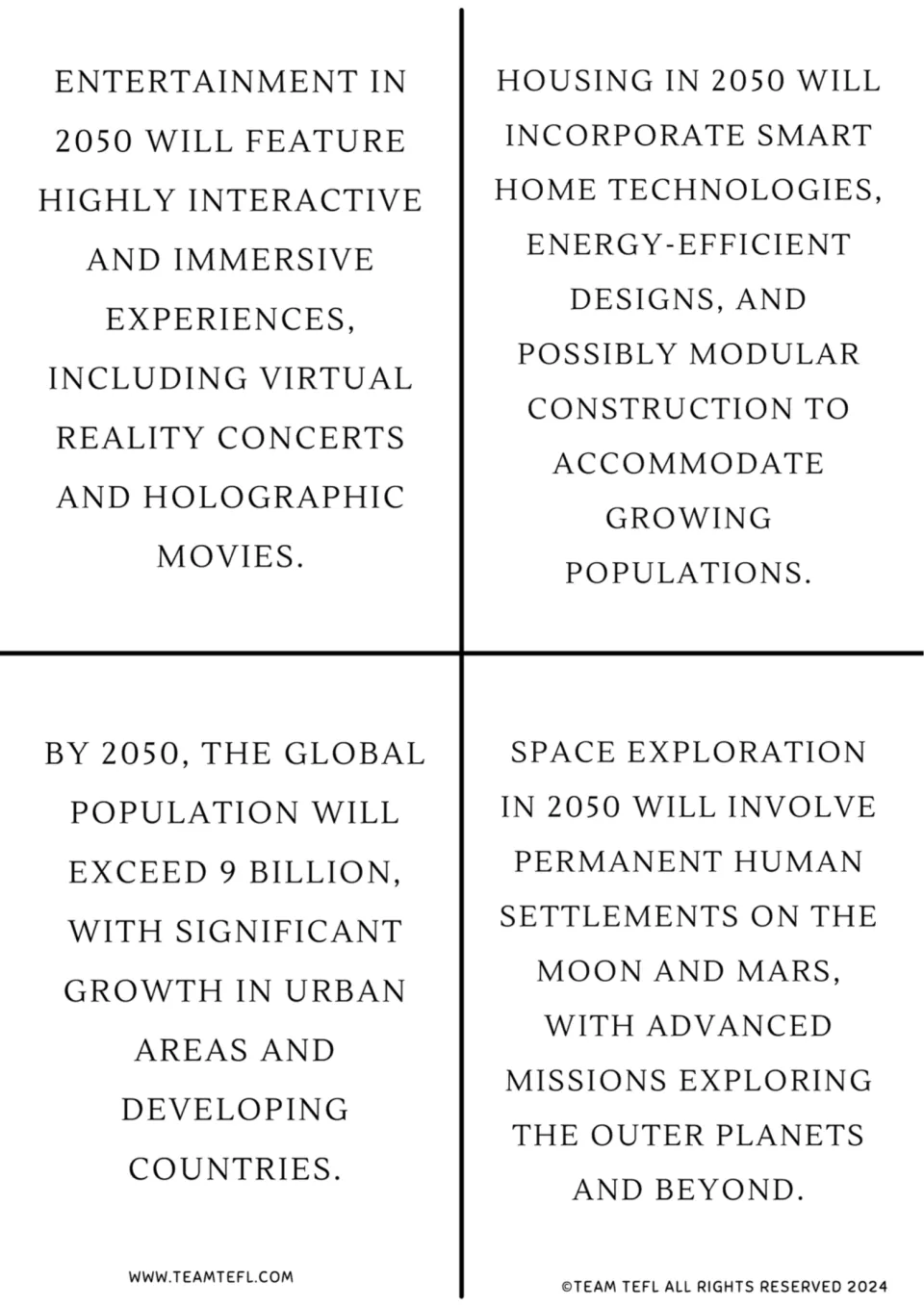 2050 prediction cards 9–12 cover immersive entertainment, smart housing, population growth, and space settlements.