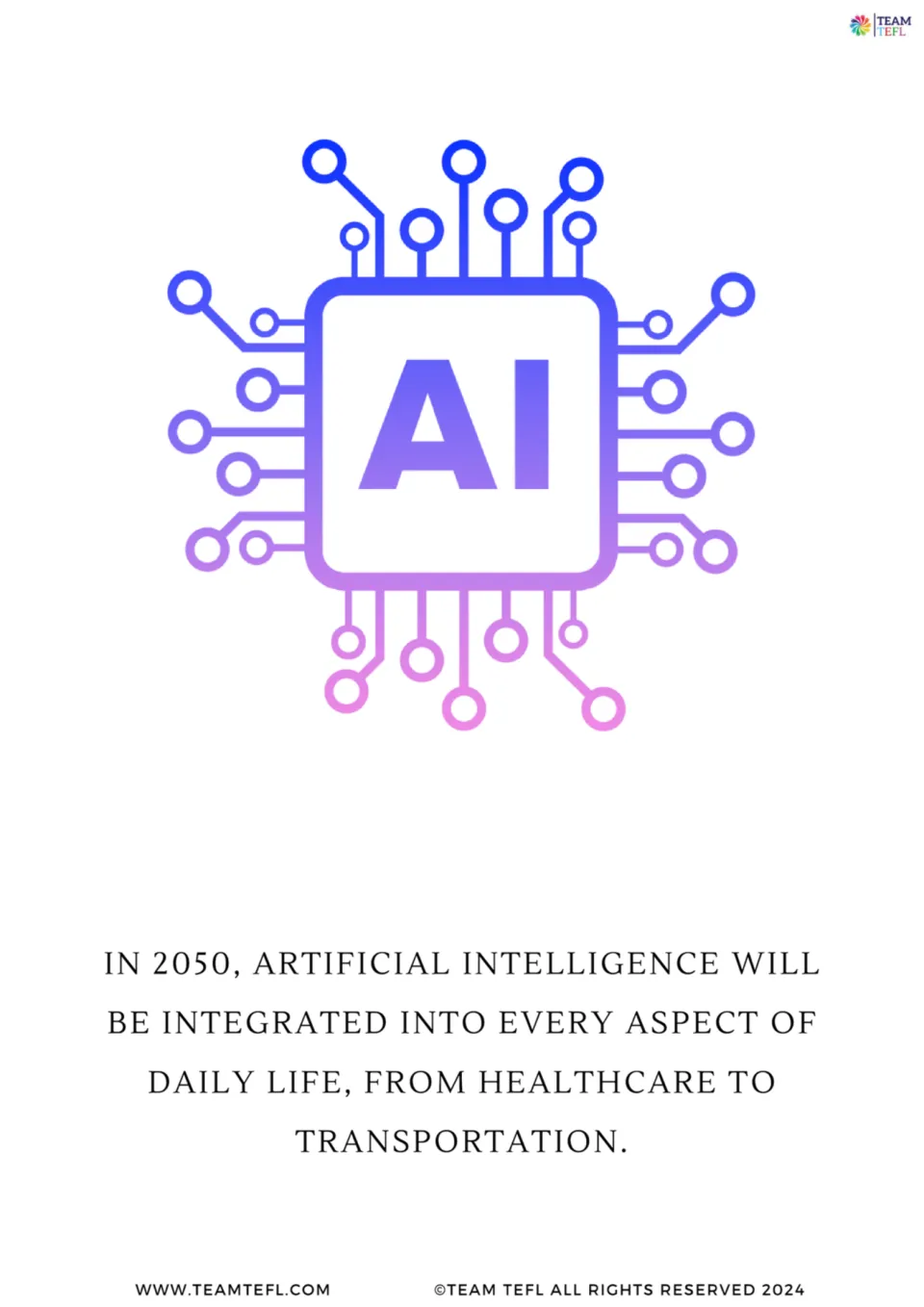Illustrated 2050 prediction card 1 says AI will be integrated into daily life, from healthcare to transportation.