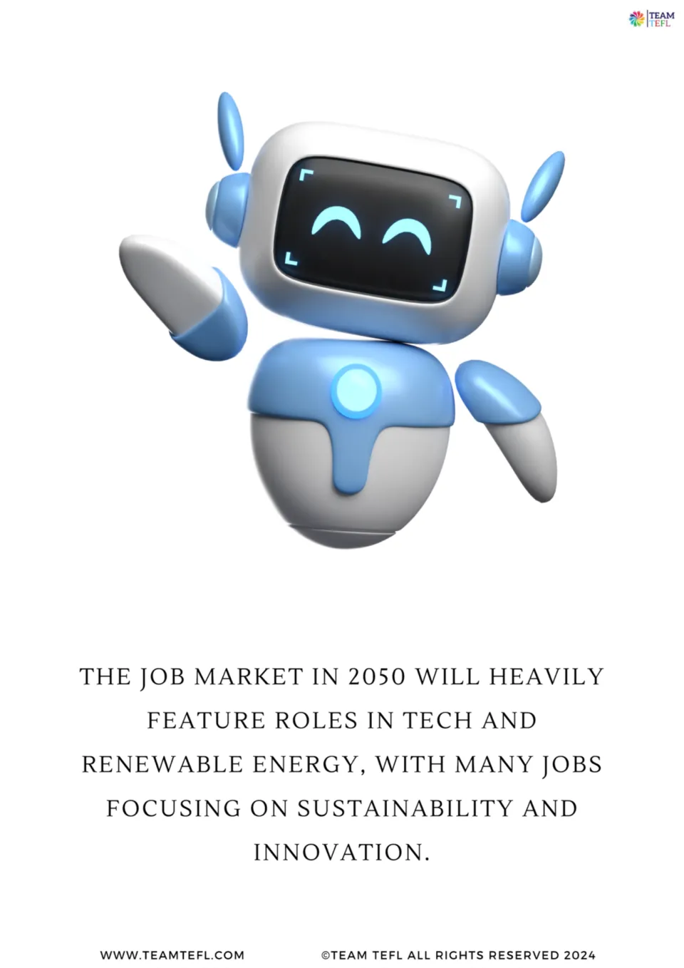 Illustrated 2050 prediction card 2 describes jobs in technology and renewable energy, with a robot illustration.