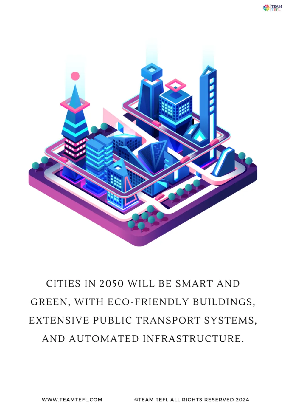 Illustrated 2050 prediction card 4 describes smart, green cities with public transit and automated infrastructure.