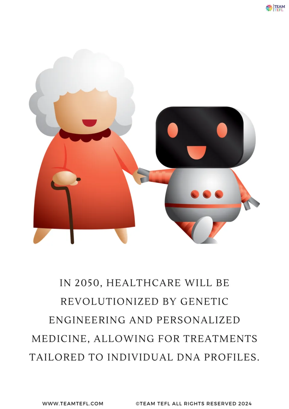 Illustrated 2050 prediction card 5 describes genetic engineering and medicine tailored to individual DNA profiles.